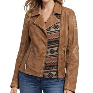 Montana Co Vegan Leather Moto Jacket Aztec Embroidered Sleeve Aztec Accent